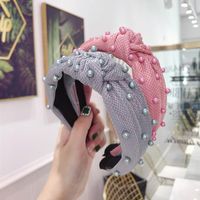 New High-end Hair Accessories Mesh Plaid Fabric Bead Knotted Wide-brimmed Headband Ladies main image 3