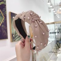 New High-end Hair Accessories Mesh Plaid Fabric Bead Knotted Wide-brimmed Headband Ladies main image 5