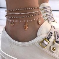 New Jewelry Cactus Shell With Diamond Anklet Rice Beads Multi-layer Women&#39;s Anklet 4 Sets main image 1