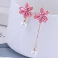 925 Silver Needle Delicate Korean Fashion Sweet Ol Flower Pearl Asymmetric Earrings main image 1