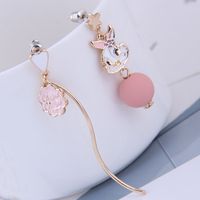 925 Silver Fashion Sweet Ol Rose Flower Drop Ear Bunny Asymmetric Earrings main image 2