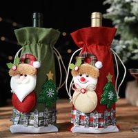 New Christmas Decorations Sackcloth Snow Cartoon Drawstring Wine Bottle Cover Lattice Doll Wine Bottle Bag Wholesale main image 4