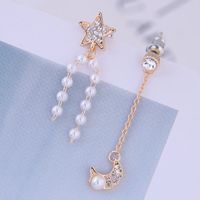 Pearl Asymmetric Earrings 925 Silver Needle Flash Diamond Star Moon Earrings sku image 1