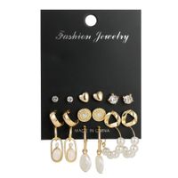 Geometric Metal Earring Set With Vintage Diamond Pearl Studs sku image 1