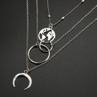 Fashion Geometric Circle Water Drop Horns Moon Hollow World Map Long Three-layer Necklace Clavicle Chain main image 6