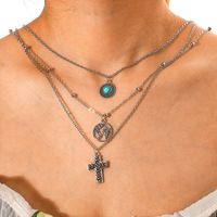 New Cross World Map Turquoise Combination Three-layer Necklace main image 3