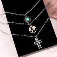 New Cross World Map Turquoise Combination Three-layer Necklace main image 5
