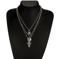 New Cross World Map Turquoise Combination Three-layer Necklace main image 6