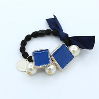 Ribbon Bow Hair Ring Flower Square Pearl Pendant Hair Rope Hip Knot Rubber Band Headdress Wholesale sku image 1