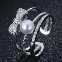 Fashionable Simple Zirconium Bow Open Pearl Ring main image 2