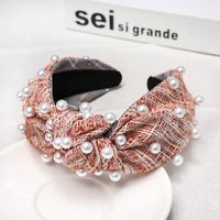 Simple And Stylish Cloth Lady's Headband Houndstooth Tartan Material Nail Pearl Knotted Hair Hoop sku image 1