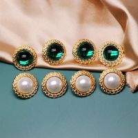 Round Retro White Green Pearl 925 Silver Stud Earrings Retro Golden Concave Lace Round Ear Studs main image 4