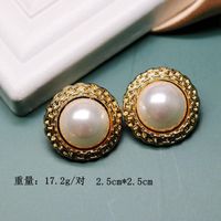 Round Retro White Green Pearl 925 Silver Stud Earrings Retro Golden Concave Lace Round Ear Studs sku image 1