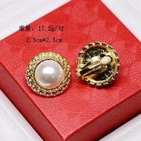 Round Retro White Green Pearl 925 Silver Stud Earrings Retro Golden Concave Lace Round Ear Studs sku image 2