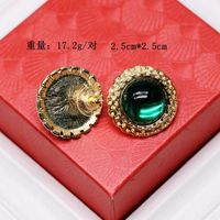 Round Retro White Green Pearl 925 Silver Stud Earrings Retro Golden Concave Lace Round Ear Studs sku image 3