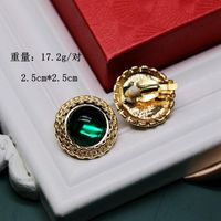 Round Retro White Green Pearl 925 Silver Stud Earrings Retro Golden Concave Lace Round Ear Studs sku image 4