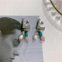 Earrings Letter L Micro Inlaid Zircon Crystal Earrings Female Pearl Cross Pendant Earrings Women main image 1