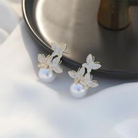 Sterling Silver Pearl Butterfly Exaggerated Fashion Large Earrings Long Stud Earrings sku image 1