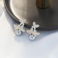 Sterling Silver Pearl Butterfly Exaggerated Fashion Large Earrings Long Stud Earrings sku image 2