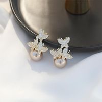 Sterling Silver Pearl Butterfly Exaggerated Fashion Large Earrings Long Stud Earrings sku image 3