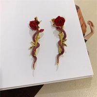 Earrings Retro Big Red Rose Flower Winding Pink Diamond Snake Body Exaggerated Earrings Women main image 3