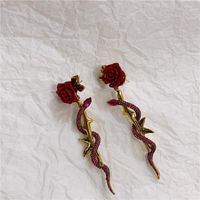 Earrings Retro Big Red Rose Flower Winding Pink Diamond Snake Body Exaggerated Earrings Women main image 5
