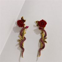Earrings Retro Big Red Rose Flower Winding Pink Diamond Snake Body Exaggerated Earrings Women sku image 1
