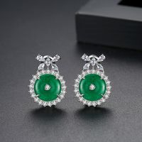 Jinsecuisen Boucles D'oreilles Nouveau Rétro Rond Vert Calcédoine Boucles D'oreilles Banquet Fabricant De Cuivre Incrusté De Zirconium Femelle Oreille Clips Boucles D'oreilles main image 1