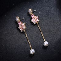925 Silver Needle Long Flower Zircon With Diamond Pearl Eardrops Stud Earrings Female Japanese And Korean Style Slim Face Earrings Me00126 sku image 1