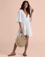 New Cotton Slubbed Fabric Pleated V-neck Backless Bell Sleeve Beach Sun Protection Clothing Holiday Short Dress Swimsuit Outwear Blouse main image 4