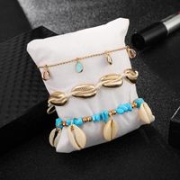 Fashion Rhinestone Drill Woven Cable Rope Turquoise Shell 3 Layer Anklet Bracelet Nhgy138155 main image 4