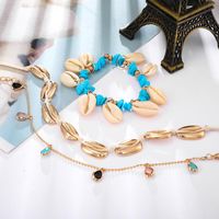 Fashion Rhinestone Drill Woven Cable Rope Turquoise Shell 3 Layer Anklet Bracelet Nhgy138155 main image 5