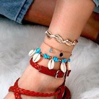 Fashion Rhinestone Drill Woven Cable Rope Turquoise Shell 3 Layer Anklet Bracelet Nhgy138155 main image 3