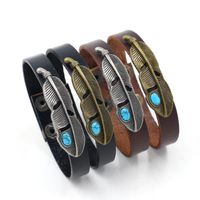 Fabrik Direkt Verkauf Modeschmuck Legierung Türkis Farbenes Feder Leder Armband Männer Und Frauen Blatt Knopf Rindsleder Armband main image 1