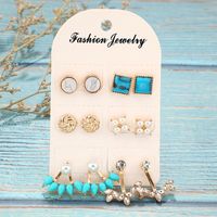 Fashion Rhinestone Alloy Turquoise Beads Flower 6 Pairs Stud Earrings Set Nhgy140073 main image 3