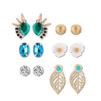 Fashion Alloy Rhinestones Flower Leaves Water Drops 6 Pairs Set Stud Earrings Nhgy141140 sku image 1