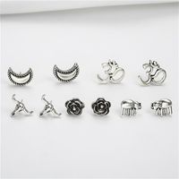 Ancient Silver Fashion Moon Cow Head Flower Elephant Stud Earrings Set Nhpf151991 main image 4