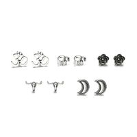 Ancient Silver Fashion Moon Cow Head Flower Elephant Stud Earrings Set Nhpf151991 main image 6