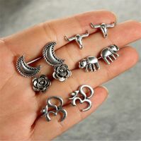 Ancient Silver Fashion Moon Cow Head Flower Elephant Stud Earrings Set Nhpf151991 sku image 1