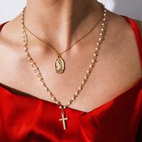 Golden Embossed Beads Cross Portrait Necklace Nhxr153058 main image 3