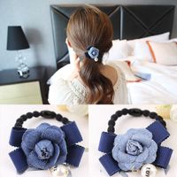 Style Coréen Accessoires De Cheveux Frais Dame Imitation Denim Tissu Perle Arc Fleur Bandeau Cheveux Corde Coiffe Coréenne main image 2