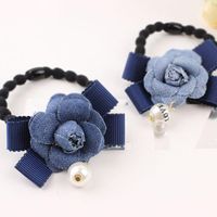 Fashion Imitation Denim Fabric Pearl Bow Flower Hair Ring Nhdp150021 main image 3