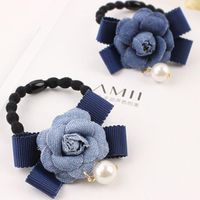 Fashion Imitation Denim Fabric Pearl Bow Flower Hair Ring Nhdp150021 main image 5