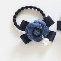 Fashion Imitation Denim Fabric Pearl Bow Flower Hair Ring Nhdp150021 sku image 1