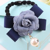 Fashion Imitation Denim Fabric Pearl Bow Flower Hair Ring Nhdp150021 sku image 2