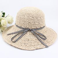 Hat Ladies Handmade Sun Hat Houndstooth Bow Ribbon Big Eaves Beach Sun Hat sku image 2