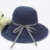 Hat Ladies Handmade Sun Hat Houndstooth Bow Ribbon Big Eaves Beach Sun Hat sku image 1