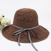 Hat Ladies Handmade Sun Hat Houndstooth Bow Ribbon Big Eaves Beach Sun Hat sku image 3