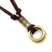 Europäische Und Amerikanische Bronze Legierung Doppel Ring Rindsleder Seil Halskette Verstellbare Lässige Koreanische Mode Leder Seil Pullover Kette Ornamente main image 5