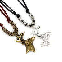 Deer Head Pendant Necklace Vintage Antlers Long Cowhide Rope Knitted Sweater Chain Wholesale main image 1
